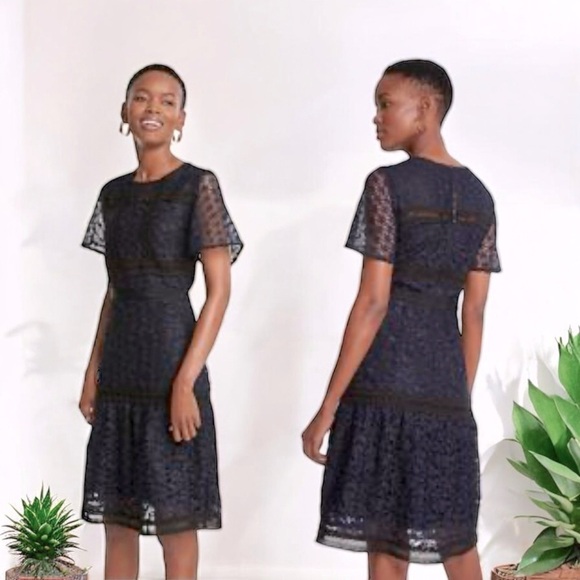 Ann Taylor Lave Overlay Navy Blue and Black Dress. Short sleeves. Back zipper. - Picture 1 of 14